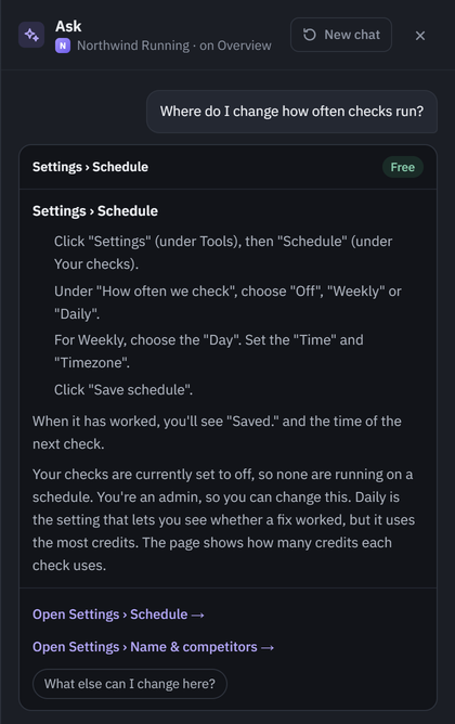 The Ask panel answering “Where do I change how often checks run?”, marked Free: Settings › Schedule, then the steps (open Settings under Tools, then Schedule under Your checks; under How often we check, choose Off, Weekly or Daily; for Weekly choose the day, then the time and time zone; click Save schedule), what you see when it worked, that the checks are set to off now and an admin can change it; then links to Settings › Schedule and Settings › Name & competitors.